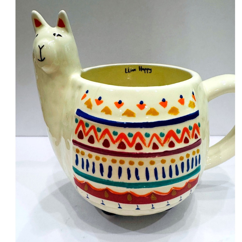 Natural Life Llama Mug "Llive Happy" Farmhouse‎ Boho Ceramic Coffee Cup Alpaca